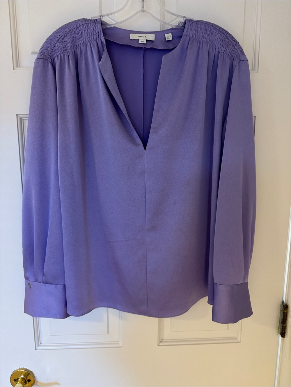 Vince Lavender Split-V Smocked Shoulder Blouse